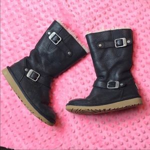 UGG Leather Sheep Black Zip Up Moto Boots kids 13